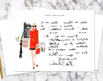 Custom Stationery Girl: Red Coat Black Door {Stationary Notecards, Personalized, Watercolor, Custom, Fashion Drawing, Girly}