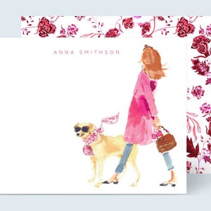 May include: A watercolor illustration of a woman in a pink coat walking a dog wearing sunglasses. The woman is carrying a brown handbag. The background is a white floral pattern with pink and red flowers.