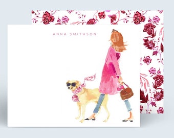 Personalized Stationery Set: Pink Coat Headband Girl With Golden Retriever {Stationary Notecards, Personalized, Watercolor, Custom}