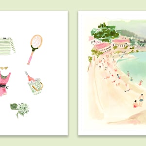 Beachy Print Set: Two Art Prints (Swingin Summer & Riviera Haze) {Cute Wall Art, Home Decorating, Original Painting, Watercolor, Girly}