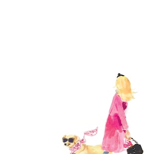 May include: A woman in a pink coat walks with a dog wearing sunglasses and a pink scarf. The woman is carrying a black handbag.
