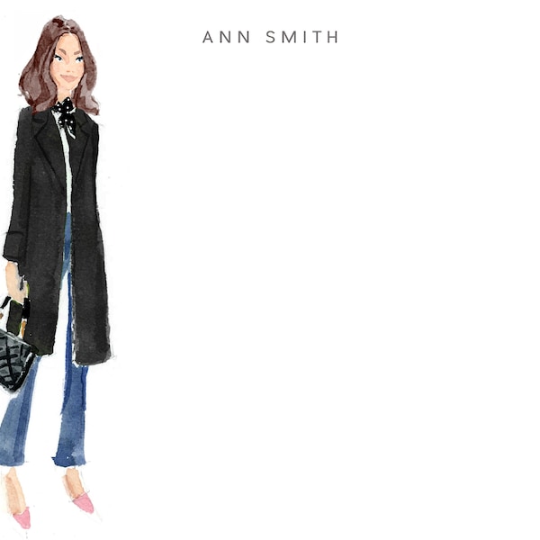 Custom Stationery Girl: Black Coat & Dot Scarf with Shoulder Length Hair {Stationary Notecards, Personalized, Custom, Girly}