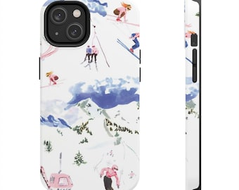 May include: A white phone case with a colorful illustration of skiers on a snowy mountain scene. The case features a repeating pattern of skiers, mountains, and clouds. The text "Aspen" is visible at the bottom of the case.