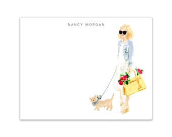 Custom Stationery Girl: Denim Jacket Girl Blonde Yorkie Bob {Stationary Notecards, Personalized, Watercolor, Custom, Fashion Drawing, Girly}