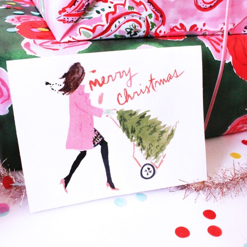 Cartes de Noel des Fêtes: Tree Toting in Candy Pink -Fashion Christmas Card