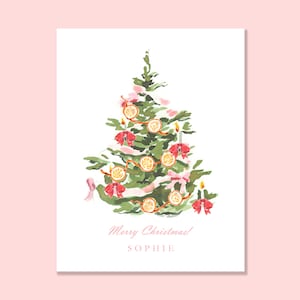 May include: Watercolor Christmas card featuring a decorated evergreen tree with orange slice ornaments, red bows, and lit candles. The card has the text "Merry Christmas!" and a name in a delicate pink font.