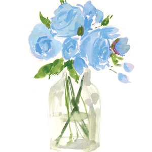 Floral Art Print: Light Blue Flowers in Glass Vase {Cute Wall Art, Home Decorating, Original Painting, Watercolor, Interior Design, Girly}