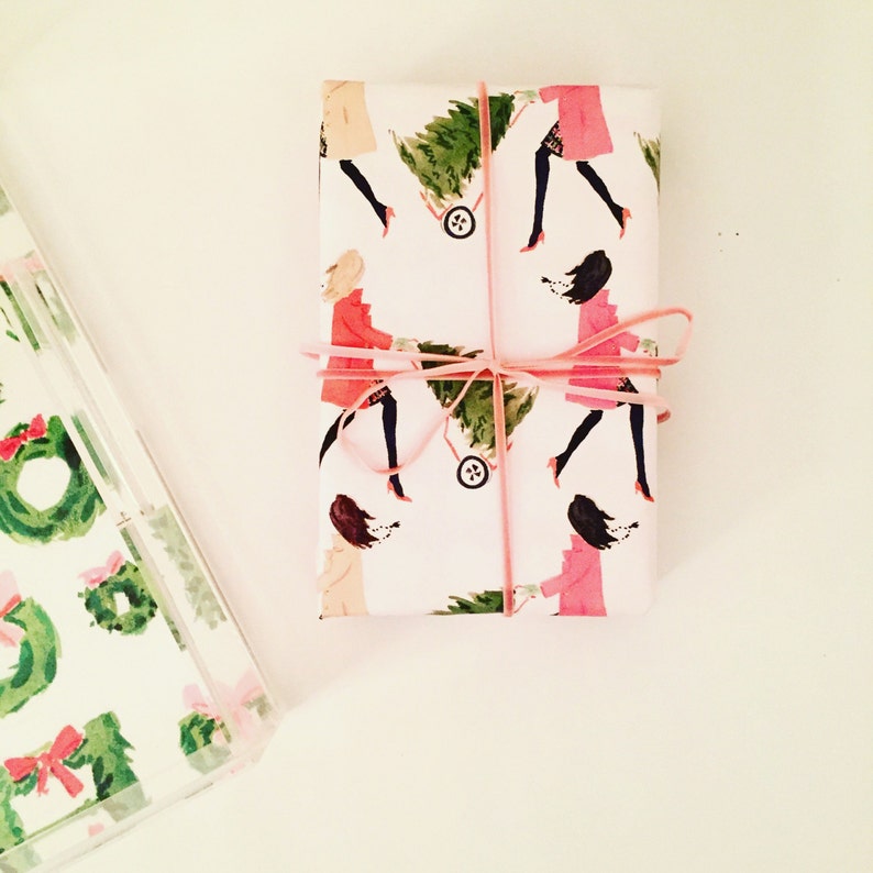 Christmas Wrapping Paper: Tree Toting Girls {Christmas, Holiday, Birthday, Gift Wrap} 