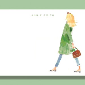 Personalized Stationery Set: Green Coat Headband Girl {Stationary Notecards, Personalized, Watercolor, Custom}
