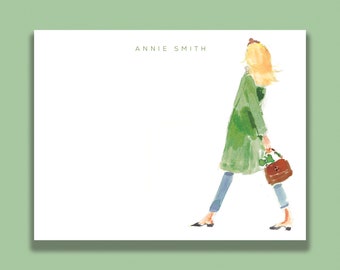 Personalized Stationery Set: Green Coat Headband Girl {Stationary Notecards, Personalized, Watercolor, Custom}