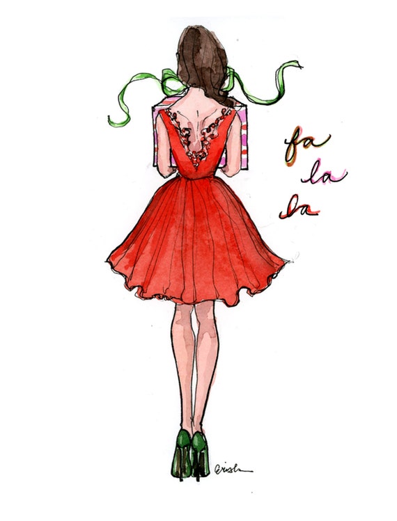 red dress gift card Sweet Vintage CHRISTMAS Card, Red Dress Woman Gift Box Dog by A Sunshine Card +