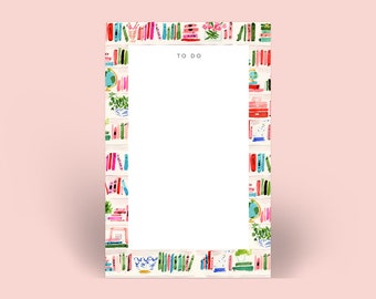 Personalized Notepad: Bright Bookshelf {Paper Notepad, To Do List, Fashion Illustration, Office Organization, Office Supplies, Grocery List}