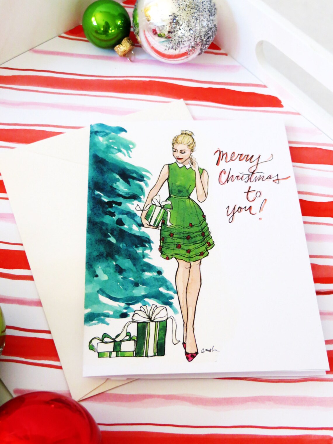 Set of Illustrated Christmas Cards by the Tree { Fashion