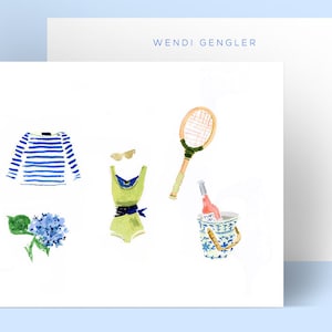 Personalized Stationery: Swingin Summer Blue Green {Tennis Stationary Notecards, Personalized, Watercolor, Monogram, Custom, Drawing, Girly}