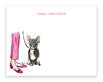 Personalized Stationery Notecards: Frenchie and Flats Pink {Stationary Notecards, Personalized, Watercolor, Custom, Fashion Drawing, Girly}