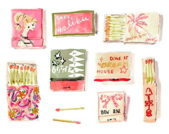 Art Print: She's Everything Vintage Matchbooks {Cute Wall Art, Home Decorating, Painting, Watercolor, Apartment Decor, Design, Decorating}