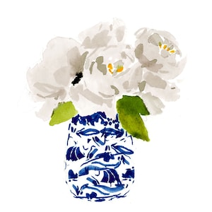 Art Print: White Peonies in a Navy Ginger Jar {Cute Wall Art, Home Decorating, Original Painting, Watercolor, Wall Decor, Interior, Girly}