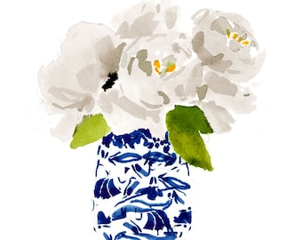 Art Print: White Peonies in a Navy Ginger Jar {Cute Wall Art, Home Decorating, Original Painting, Watercolor, Wall Decor, Interior, Girly}