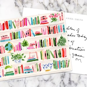 Watercolor Watercolor Stationery: Bright Bookshelf {Stationary Notecards, Personalized, Custom, Girly, Envelopes, Illustration, Art}