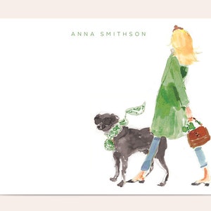 Personalized Stationery Set: Green Coat Headband Girl With Black Lab {Stationary Notecards, Personalized, Watercolor, Custom}