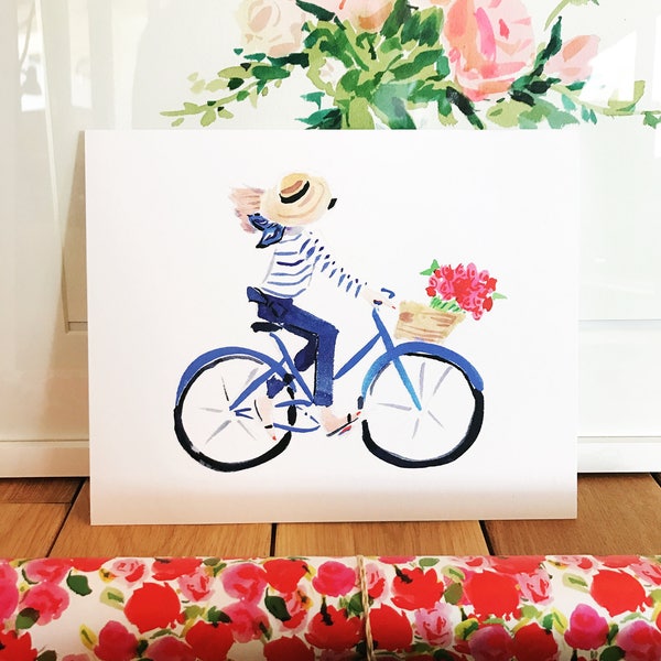 Art Print: Parisian Bike Girl in Blue {Cute Wall Art, Home Decorating, Original Painting, Watercolor, Wall Decor, Interior, Girly, Ideas}