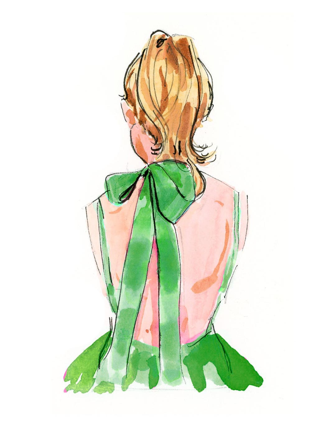 green dress drawing Fashion Illustration Art Print: Bow Back in {Cute Wall Art, Home Decorating, Original Painting, Watercolor, Girly} Sweetheart A-Line Dress