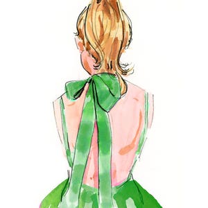 May include: A watercolor illustration of a person wearing a green dress with a large green bow at the back of the neck. The person has blonde hair pulled back in a ponytail.