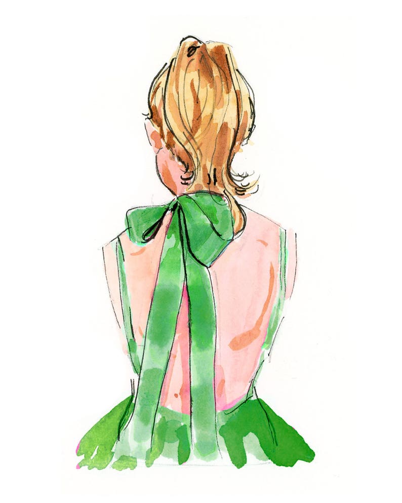 May include: A watercolor illustration of a person wearing a green dress with a large green bow at the back of the neck. The person has blonde hair pulled back in a ponytail.