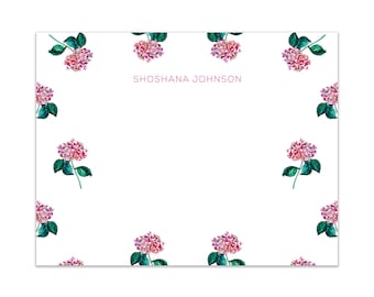 Personalized Stationery Set, Hydrangea Notecards, Custom Name Cards, Floral Note Cards Set of 10, A2 Gift, Watercolor Flower Pink Hydrangeas