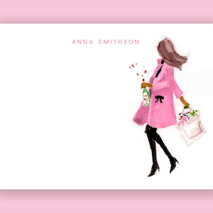 Personalized Stationery Set: Shoppin and Poppin Pink {Stationary Notecards, Personalized, Watercolor, Custom, Fashion Drawing, Girly}