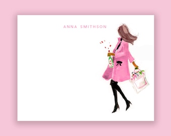 Personalized Pink Coat Note Cards – Champagne Shopping Girl Stationery Set Shoppin and Poppin Pink