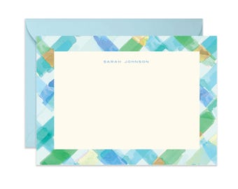 Luxe Watercolor Blue Gingham Personalized Notecard Set | Watercolor Border Stationery | Custom Name Note Cards with Envelopes | Gift for Her