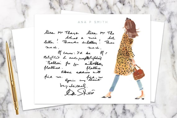 Personalized Stationery Set: Leopard Coat Headband Girl {Stationary Notecards, Personalized, Watercolor, Custom, Fashion Drawing, Girly}