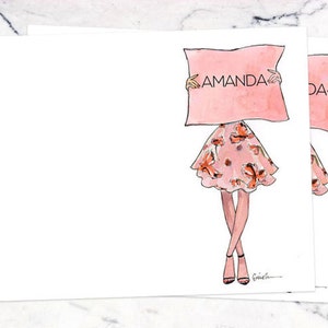 Personalized Stationery Set: Floral Skirt Pink {Stationary Notecards, Personalized, Watercolor, Custom, Fashion Drawing, Girly}
