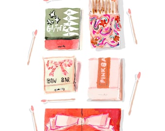 Art Print Retro Matchbooks {Cute Wall Art, Home Decorating, Painting, Watercolor, Apartment Decor, Design, Decorating}