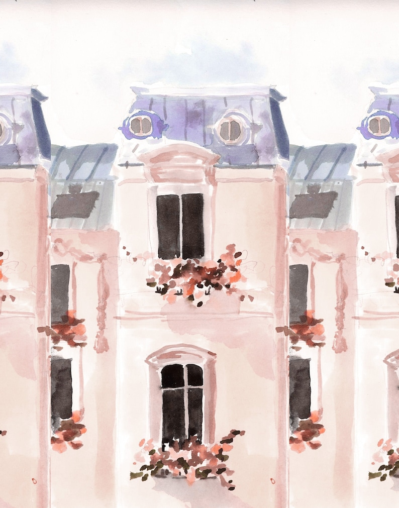 May include: Watercolor painting of a repeating pattern of Parisian buildings. The buildings are painted in soft pink and white with dark windows and purple roofs. Each window box is filled with reddish-brown flowers.