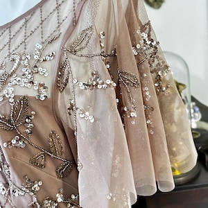 May include: Close-up of a blush-colored formal dress with intricate embellishments. The dress features a sheer overlay with delicate beading and sequin details. The sleeves are a soft, flowing design, adding to the elegant aesthetic.