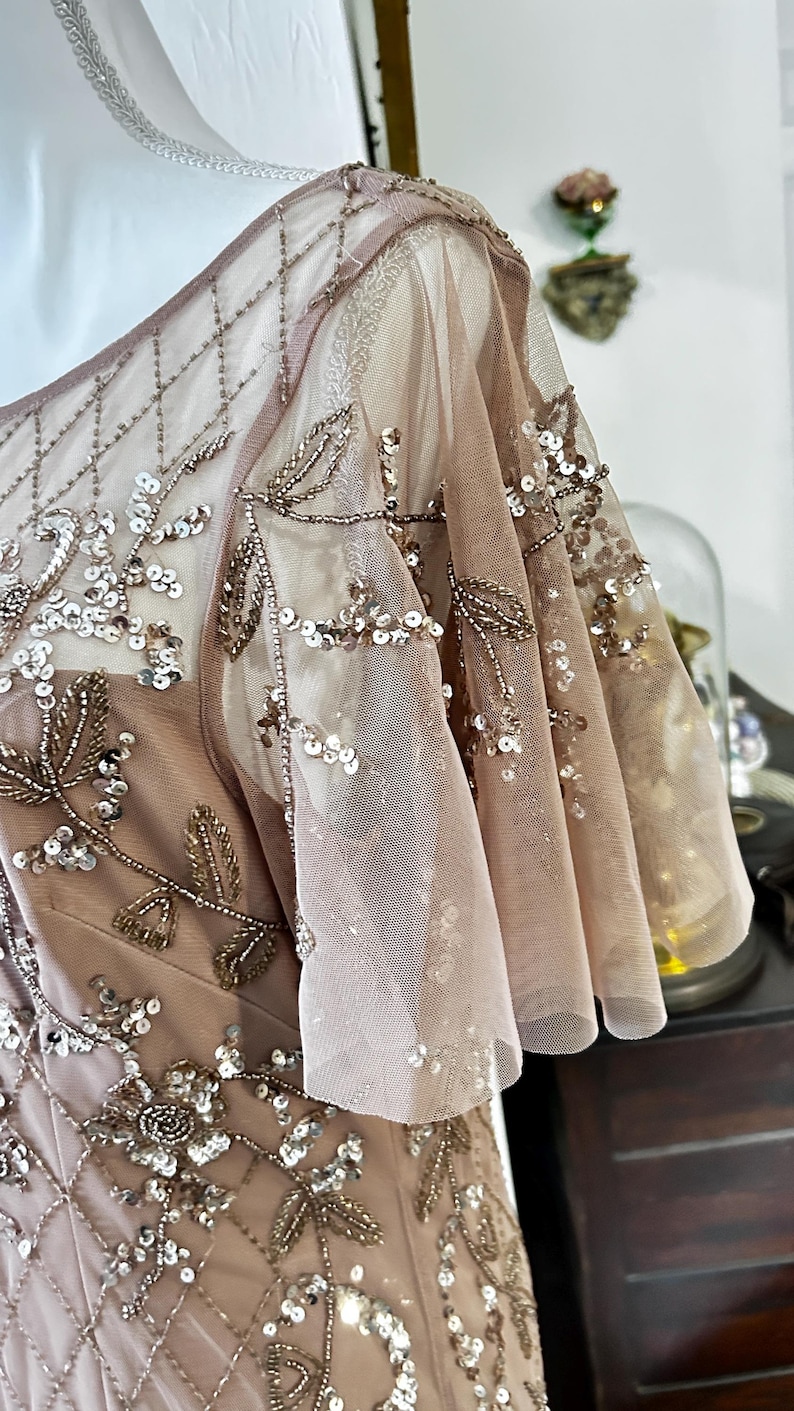 May include: Close-up of a blush-colored formal dress with intricate embellishments. The dress features a sheer overlay with delicate beading and sequin details. The sleeves are a soft, flowing design, adding to the elegant aesthetic.