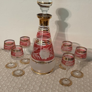 Bohemian Czech Cranberry Glass Decanter Set