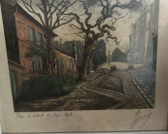 Vintage Marcel Harang Lithograph " A street in Paris"