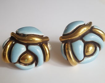 Ceramic Blue and Gold screw back vintage Earrings