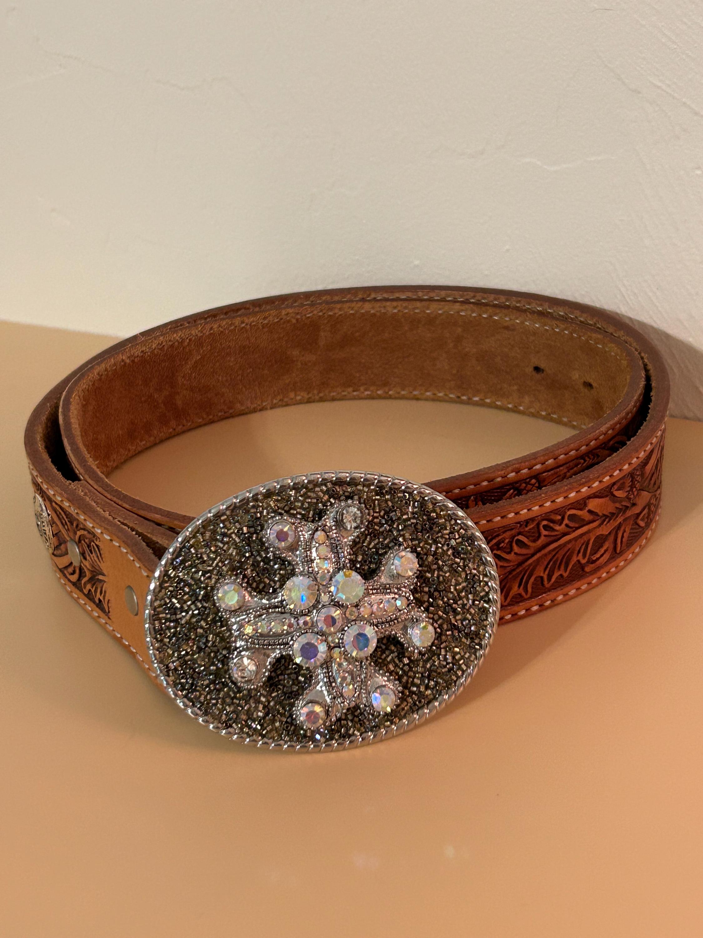 Western Rhinestone Studded Brown Leather Belt Amber Crystal Cowgirl Boho S/M Rhinestone Brown Leather Belt. Unisex Western Cowboy Belt  main image 2