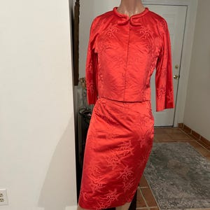 Vintage Red Silk/Satin Embroidered  Jacket and Skirt Set