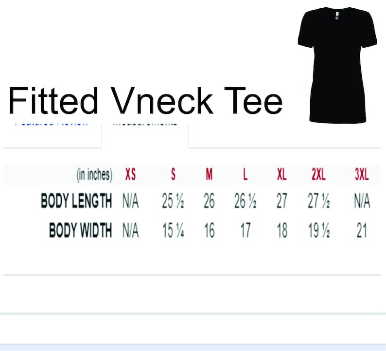 K&ouml;nnte beinhalten: Gr&ouml;&szlig;entabelle f&uuml;r ein tailliertes V-Ausschnitt-T-Shirt in den Gr&ouml;&szlig;en XS bis 3XL. Die Tabelle zeigt die K&ouml;rperl&auml;nge und die K&ouml;rperbreite in Zoll.