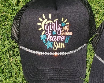 Girls Just Wanna Have Sun sparkle glitter trucker hat with rhinestones