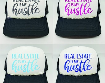 Real Estate Is My Hustle Trucker Hat Glitter Bling Rhinestone
