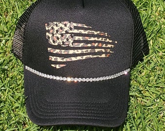 Distressed American Flag Leopard Print Trucker Hat with rhinestones