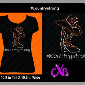 May include: A black t-shirt with a rhinestone design of a cowboy boot and hat with the text "#countrystrong". The design is 10.9 inches tall and 10.6 inches wide.
