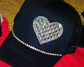 Rhinestone Heart Trucker Hat with row of Rhinestones!  BLING - BLING