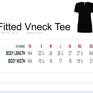 May include: Size chart for a fitted v-neck tee shirt in sizes XS to 3XL. The chart shows the body length and body width in inches.